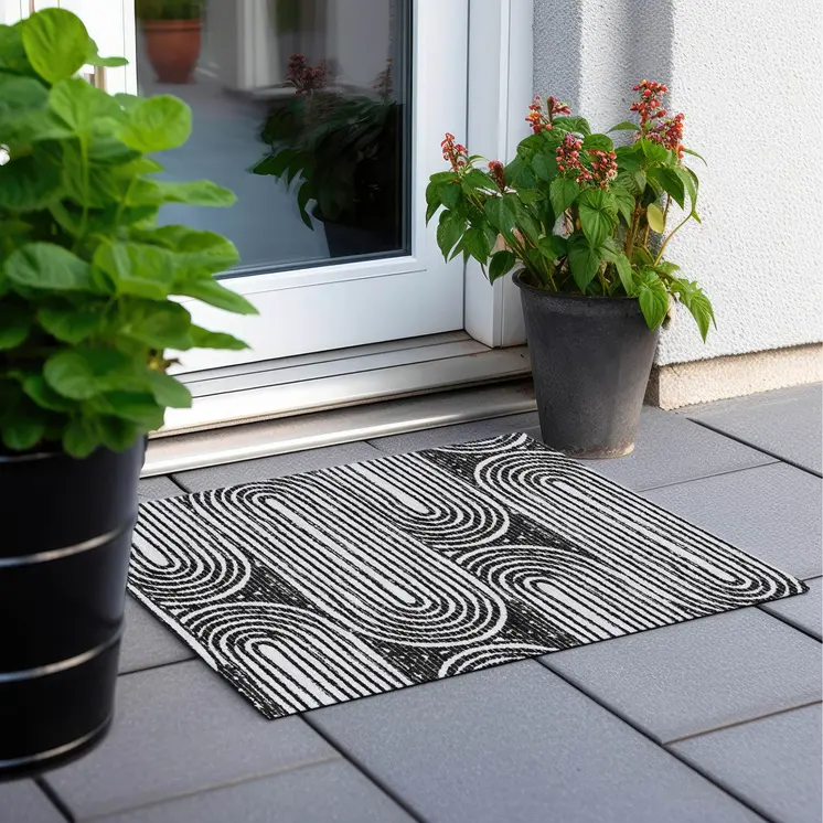 2' X 3' Black and White Abstract Washable Non Skid Indoor Outdoor Area Rug