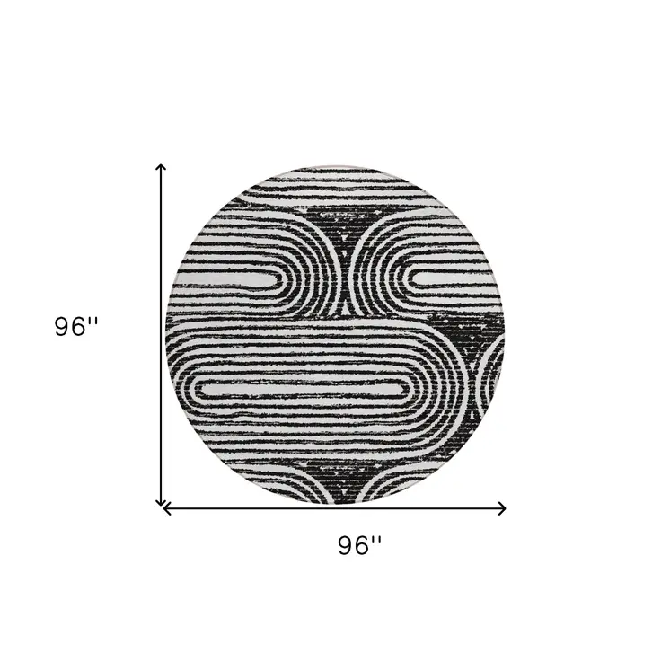 8' Black And White Round Abstract Washable Indoor Outdoor Area Rug
