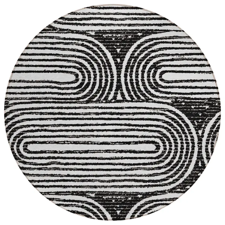 8' Black And White Round Abstract Washable Indoor Outdoor Area Rug
