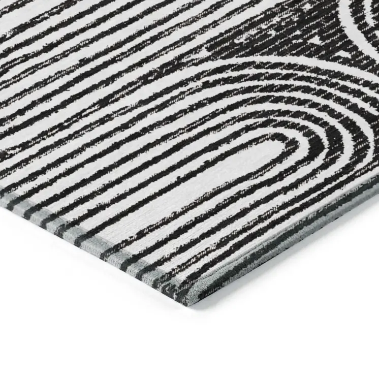 8' Black And White Round Abstract Washable Indoor Outdoor Area Rug