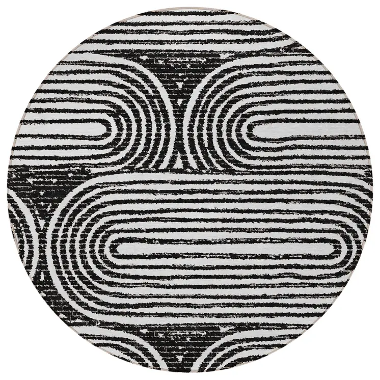 8' Black And White Round Abstract Washable Indoor Outdoor Area Rug