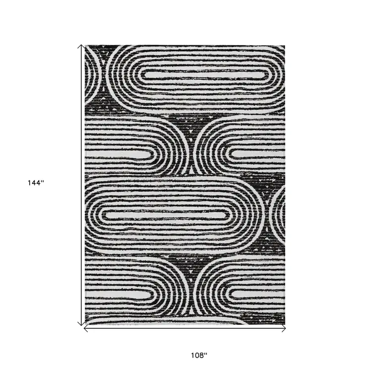 9' X 12' Black and White Abstract Washable Non Skid Indoor Outdoor Area Rug