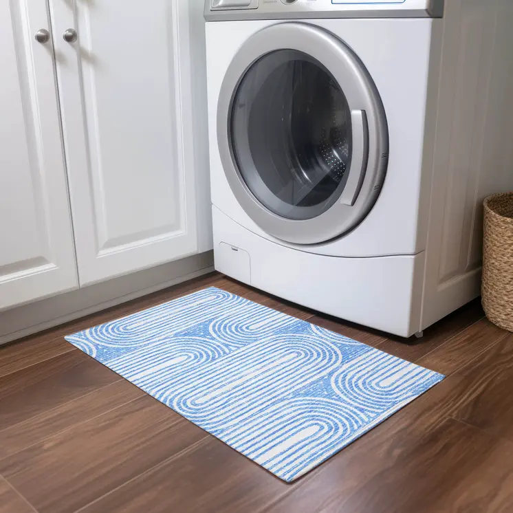2' X 3' Blue and White Abstract Washable Non Skid Indoor Outdoor Area Rug