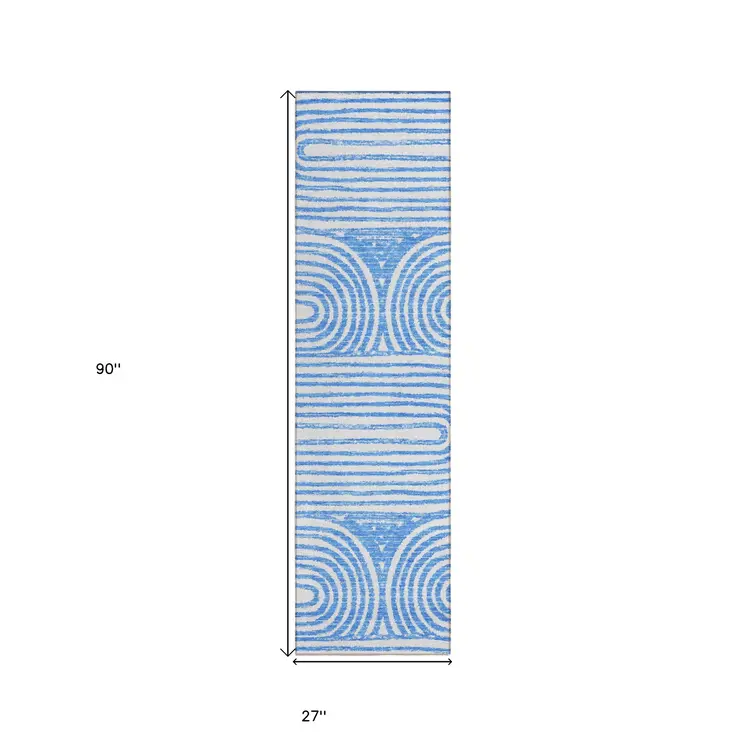 8' Runner Blue and White Abstract Washable Non Skid Indoor Outdoor Runner Rug