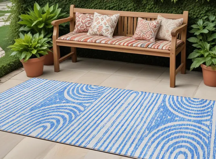 8' Runner Blue and White Abstract Washable Non Skid Indoor Outdoor Runner Rug