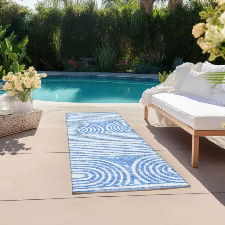8' Runner Blue and White Abstract Washable Non Skid Indoor Outdoor Runner Rug