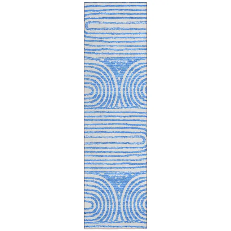 8' Runner Blue and White Abstract Washable Non Skid Indoor Outdoor Runner Rug