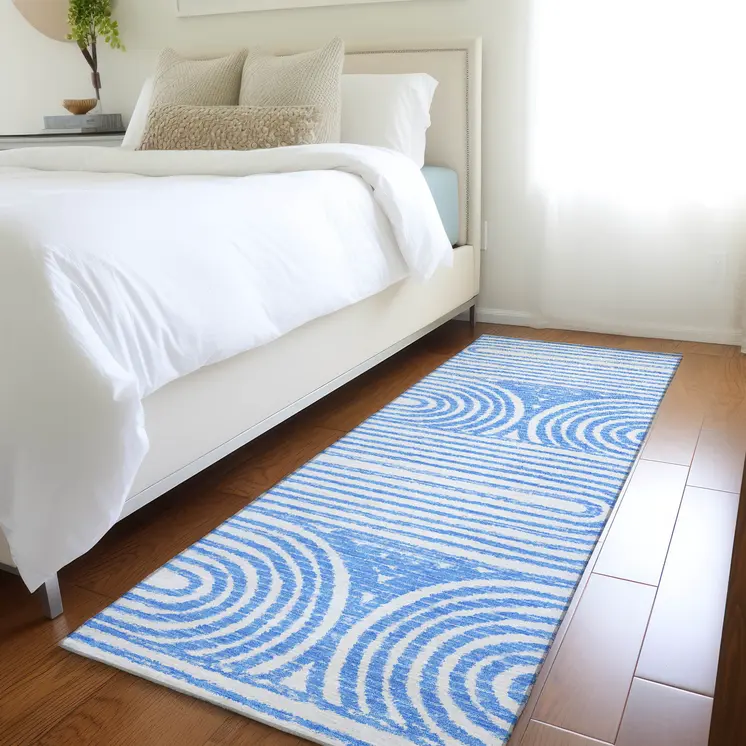 8' Runner Blue and White Abstract Washable Non Skid Indoor Outdoor Runner Rug