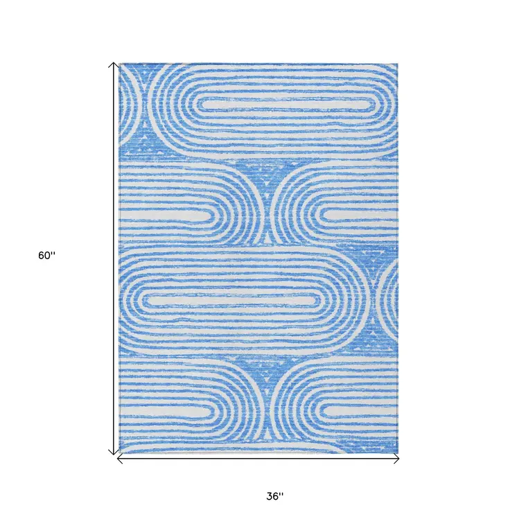 3' X 5' Blue and White Abstract Washable Non Skid Indoor Outdoor Area Rug