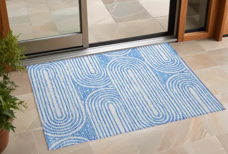 3' X 5' Blue and White Abstract Washable Non Skid Indoor Outdoor Area Rug