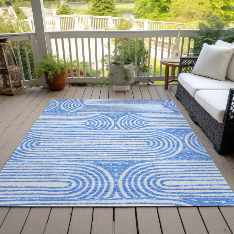 3' X 5' Blue and White Abstract Washable Non Skid Indoor Outdoor Area Rug