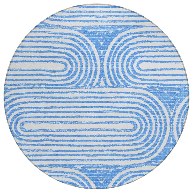 8' Round Blue and White Round Abstract Washable Non Skid Indoor Outdoor Area Rug