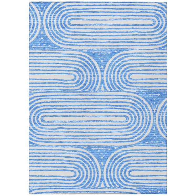 8' X 10' Blue and White Abstract Washable Non Skid Indoor Outdoor Area Rug