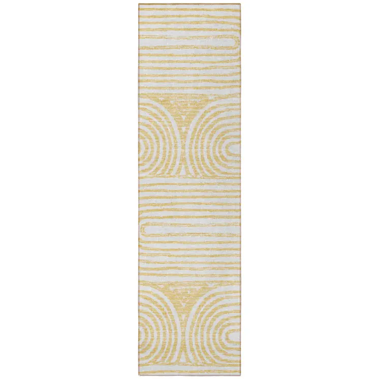 8' Runner Gold and White Abstract Washable Non Skid Indoor Outdoor Runner Rug
