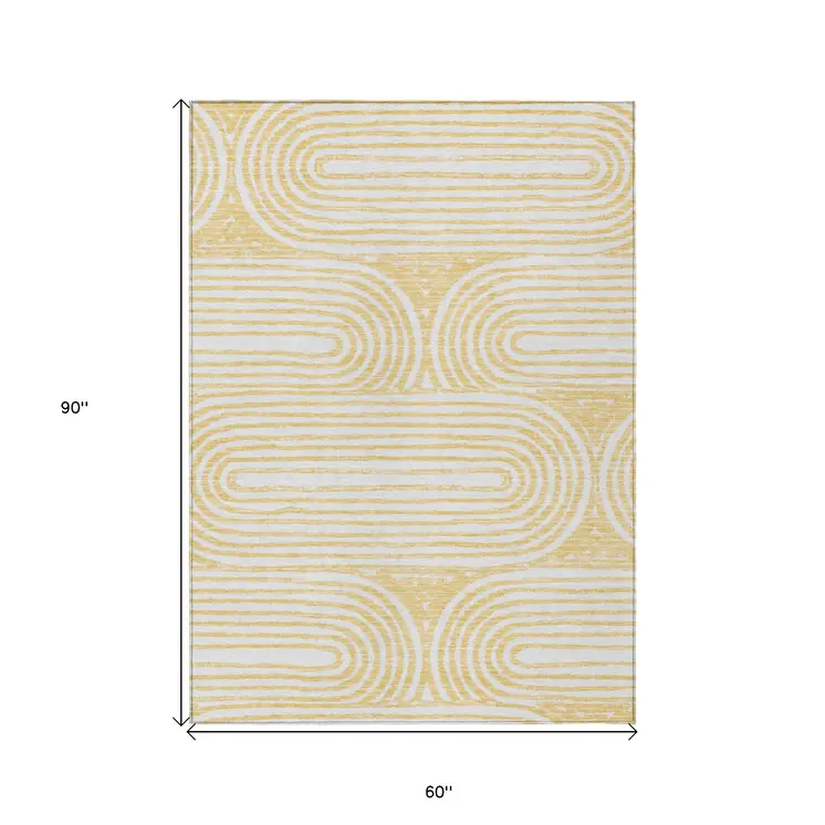 5' X 8' Gold And White Abstract Washable Indoor Outdoor Area Rug