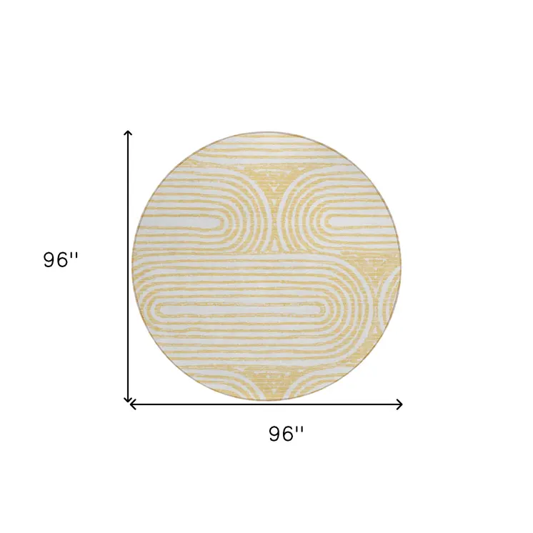 8' Round Gold and White Round Abstract Washable Non Skid Indoor Outdoor Area Rug