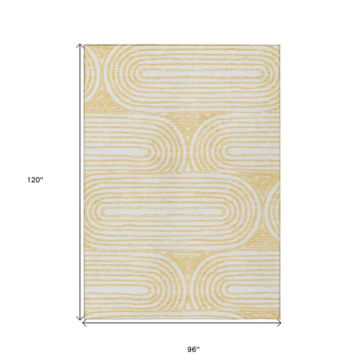 8' X 10' Gold And White Abstract Washable Indoor Outdoor Area Rug