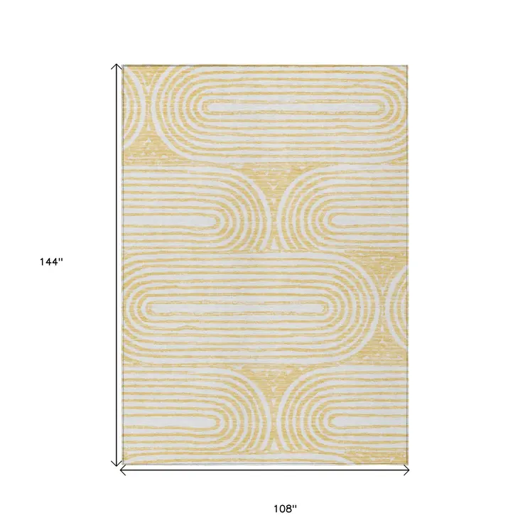 9' X 12' Gold and White Abstract Washable Non Skid Indoor Outdoor Area Rug