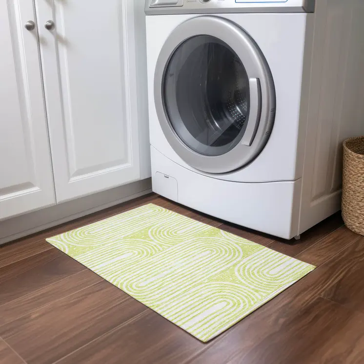 2' X 3' Green and White Abstract Washable Non Skid Indoor Outdoor Area Rug