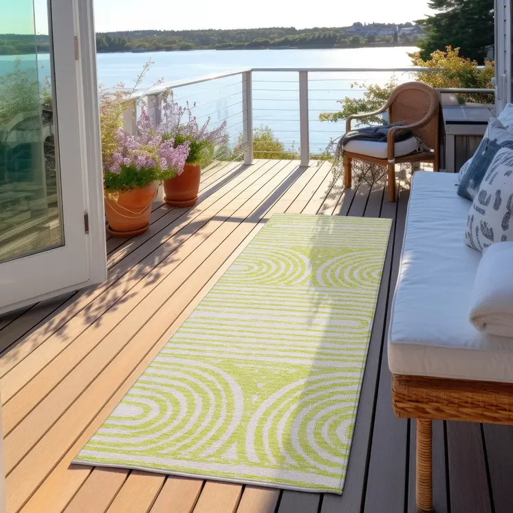 8' Runner Green and White Abstract Washable Non Skid Indoor Outdoor Runner Rug