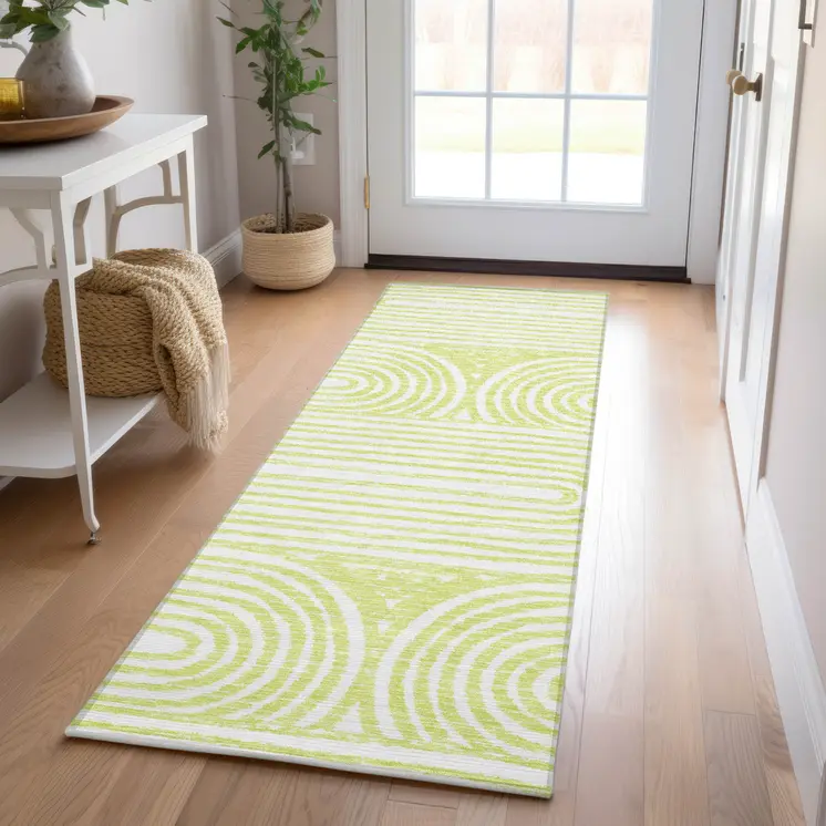 8' Runner Green and White Abstract Washable Non Skid Indoor Outdoor Runner Rug