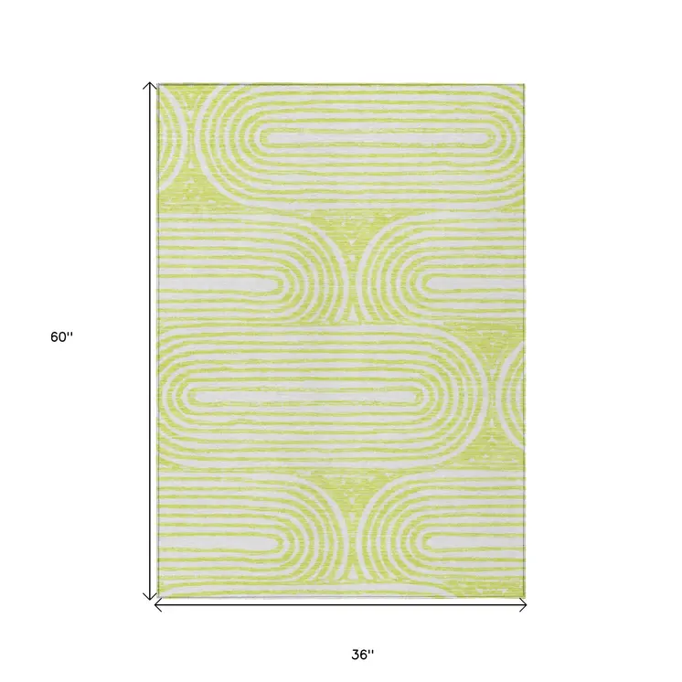 3' X 5' Green And White Abstract Washable Indoor Outdoor Area Rug