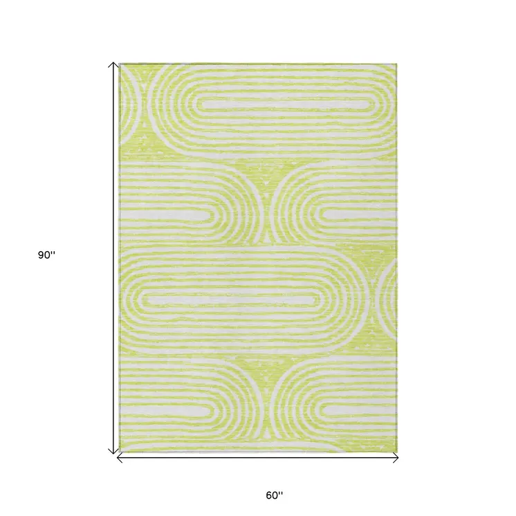 5' X 8' Green And White Abstract Washable Indoor Outdoor Area Rug