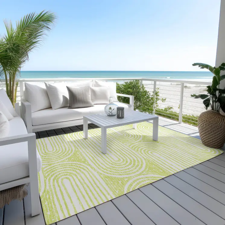 5' X 8' Green And White Abstract Washable Indoor Outdoor Area Rug