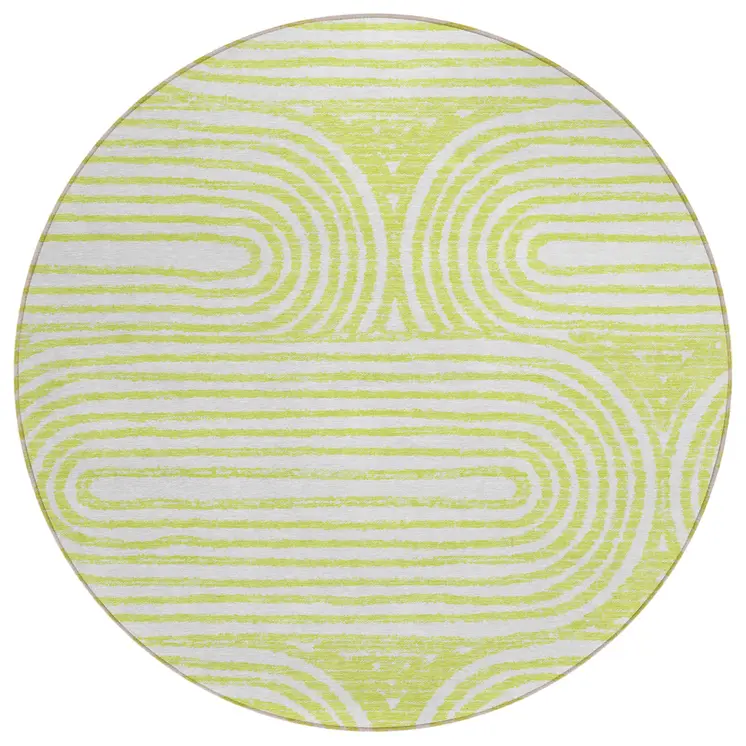 8' Round Green and White Round Abstract Washable Non Skid Indoor Outdoor Area Rug