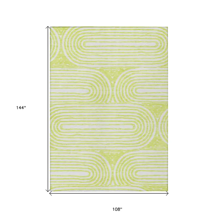 9' X 12' Green And White Abstract Washable Indoor Outdoor Area Rug