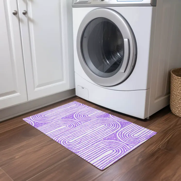 2' X 3' Purple and White Abstract Washable Non Skid Indoor Outdoor Area Rug