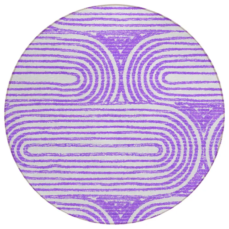 8' Purple And White Round Abstract Washable Indoor Outdoor Area Rug