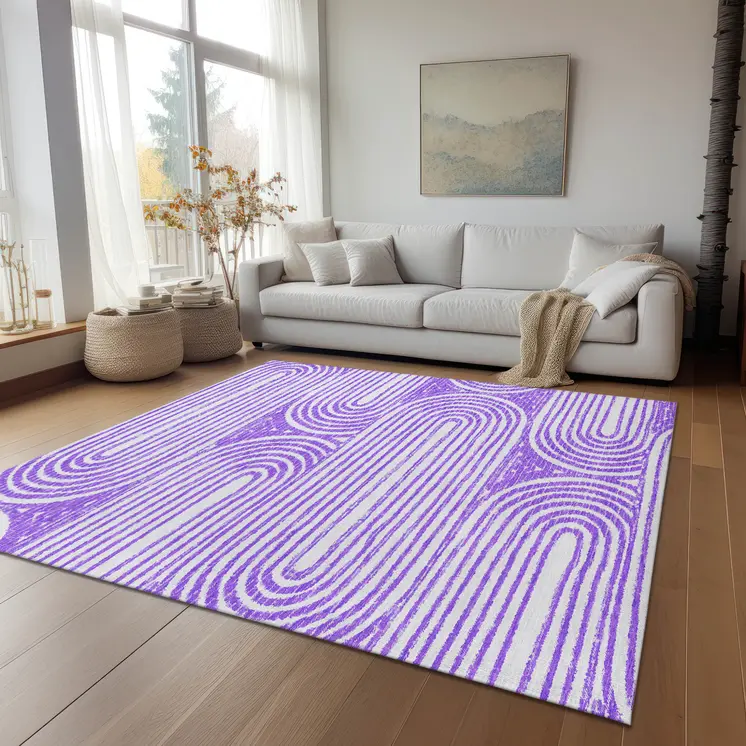 9' X 12' Purple and White Abstract Washable Non Skid Indoor Outdoor Area Rug