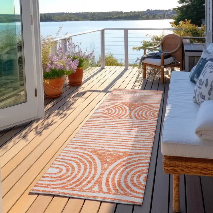 2' X 8' Orange and Ivory Abstract Washable Non Skid Indoor Outdoor Area Rug