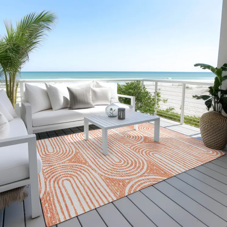 3' X 5' Orange and Ivory Abstract Washable Non Skid Indoor Outdoor Area Rug