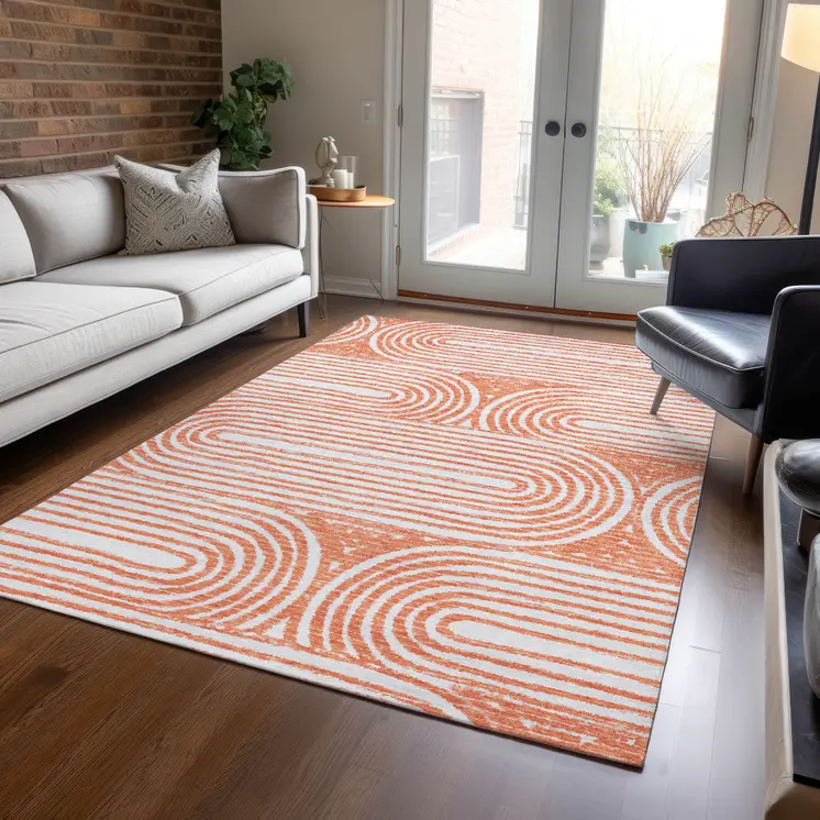 3' X 5' Orange and Ivory Abstract Washable Non Skid Indoor Outdoor Area Rug