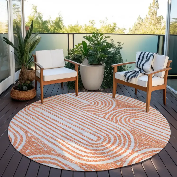 8' X 8' Orange and Ivory Round Abstract Washable Non Skid Indoor Outdoor Area Rug