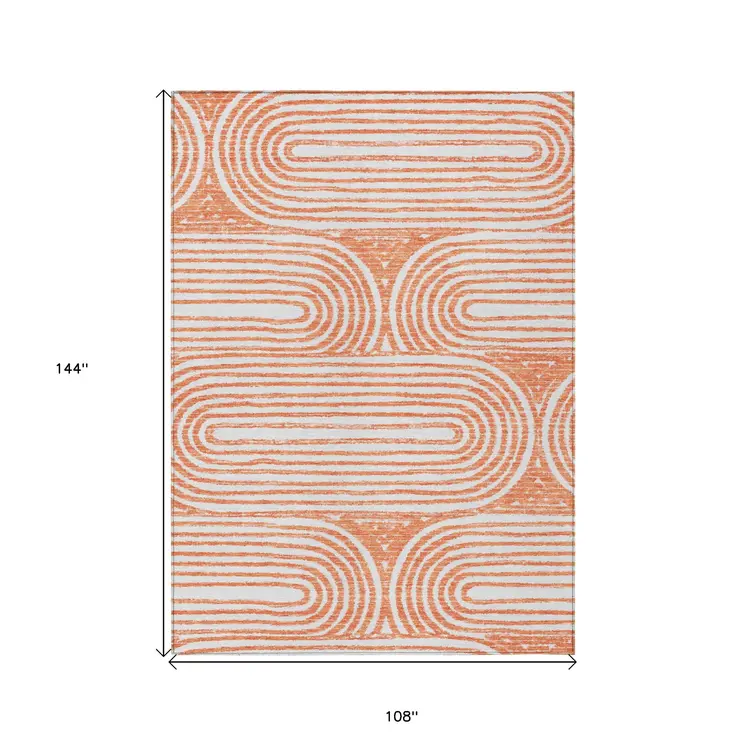 9' X 12' Orange and Ivory Abstract Washable Non Skid Indoor Outdoor Area Rug