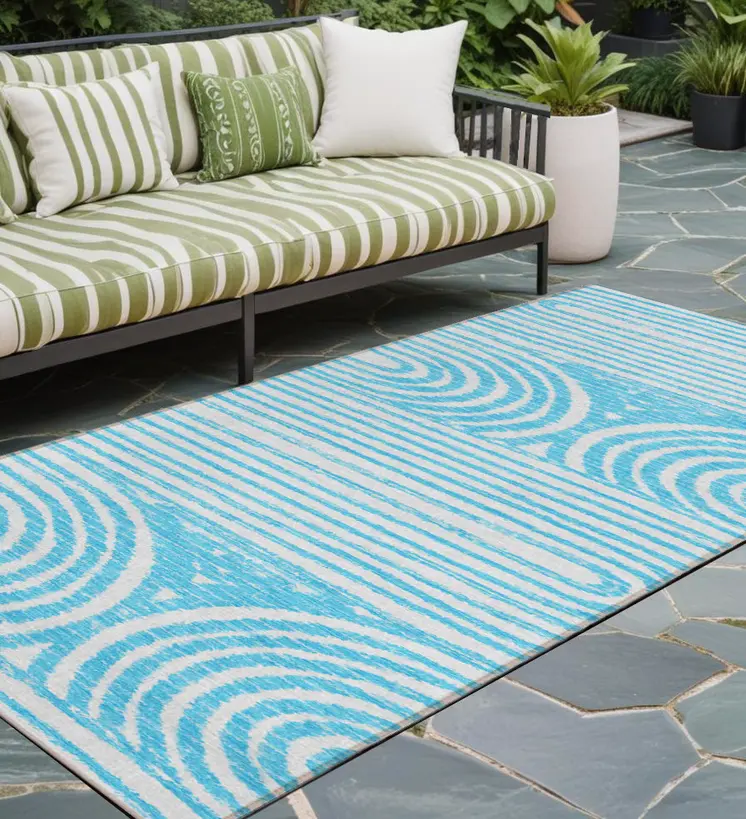 2' X 8' Teal and White Abstract Washable Non Skid Indoor Outdoor Area Rug