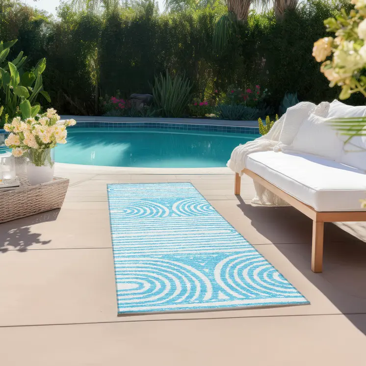 2' X 8' Teal and White Abstract Washable Non Skid Indoor Outdoor Area Rug