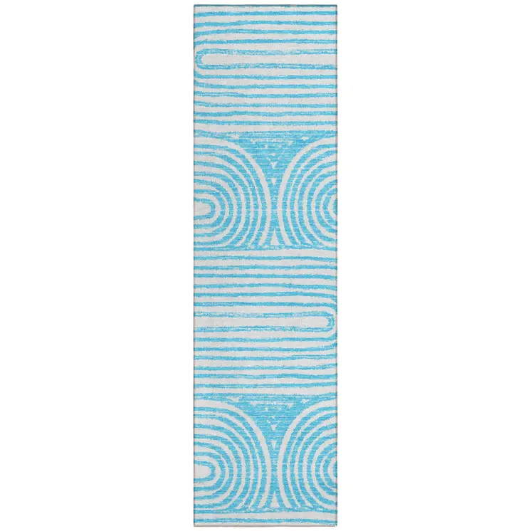 2' X 8' Teal and White Abstract Washable Non Skid Indoor Outdoor Area Rug
