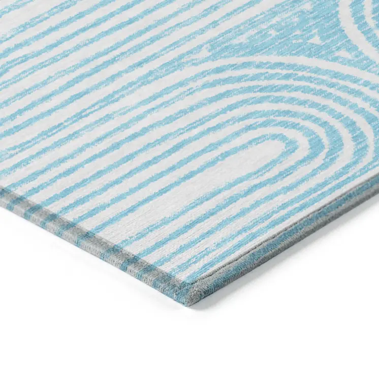 2' X 8' Teal and White Abstract Washable Non Skid Indoor Outdoor Area Rug