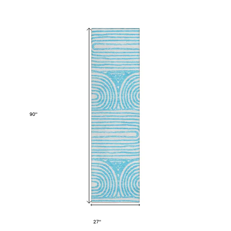 2' X 8' Teal and White Abstract Washable Non Skid Indoor Outdoor Area Rug
