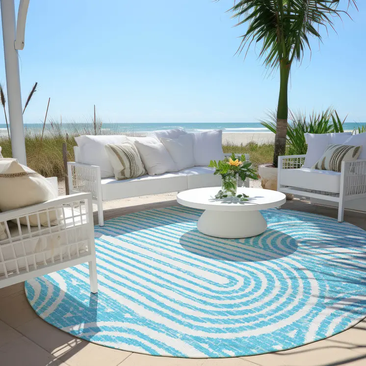 8' Round Teal Round Abstract Washable Non Skid Indoor Outdoor Area Rug