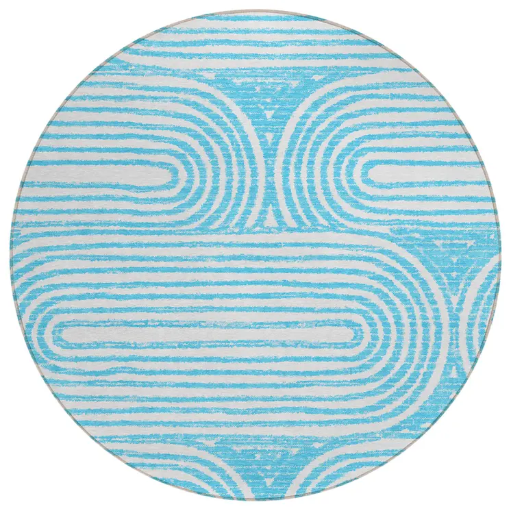 8' Round Teal Round Abstract Washable Non Skid Indoor Outdoor Area Rug