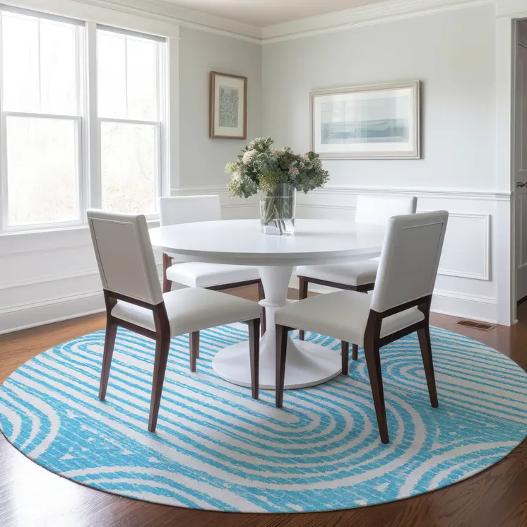 8' Round Teal Round Abstract Washable Non Skid Indoor Outdoor Area Rug