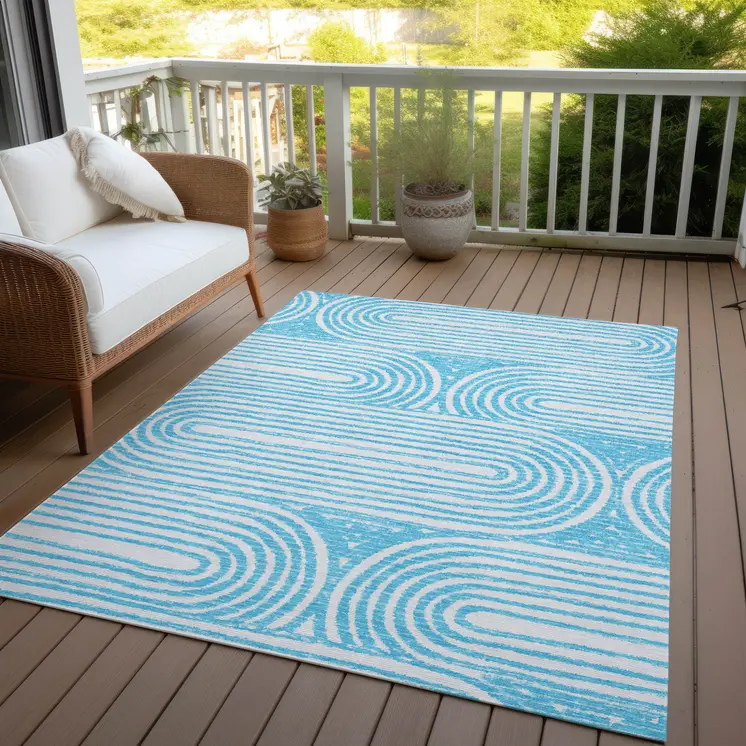 10' X 14' Teal and White Abstract Washable Non Skid Indoor Outdoor Area Rug
