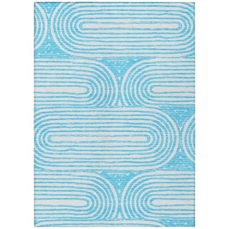 10' X 14' Teal and White Abstract Washable Non Skid Indoor Outdoor Area Rug