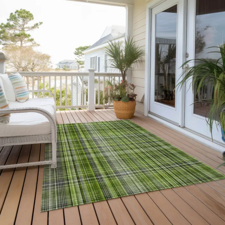 3' X 5' Green Plaid Washable Non Skid Indoor Outdoor Area Rug