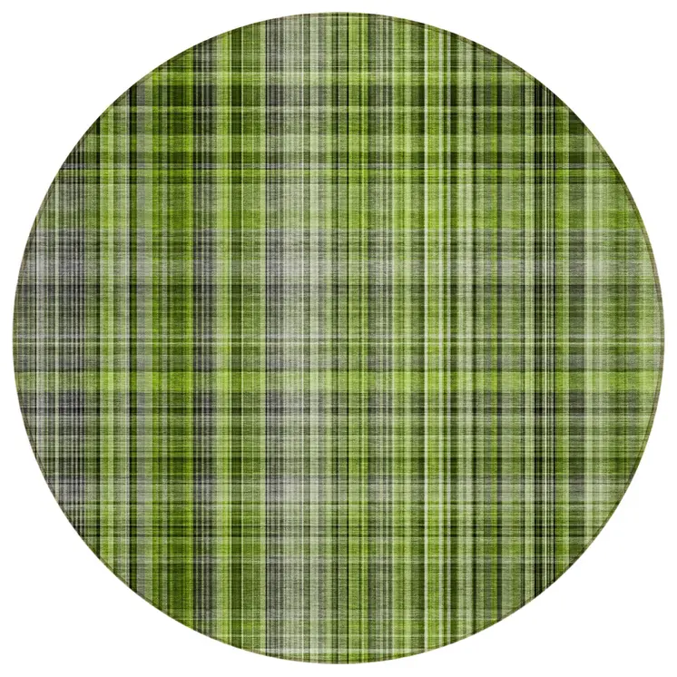 8' X 8' Green Black and Gray Round Plaid Washable Non Skid Indoor Outdoor Area Rug